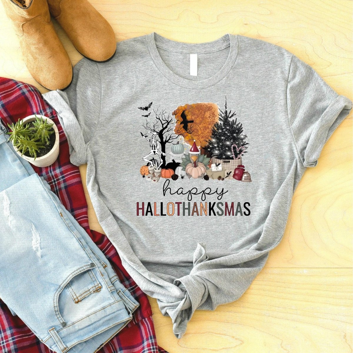 Happy Hallothanksmas Comfort Colors Shirt - Bliss Birthday Shirts - S - Athletic Heather