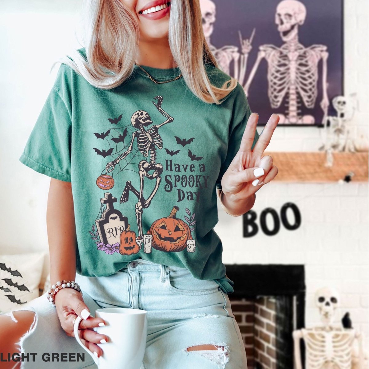 Have a spooky day Comfort Colors t-shirt, Halloween Shirt - Bliss Birthday Shirts - S - Light Green