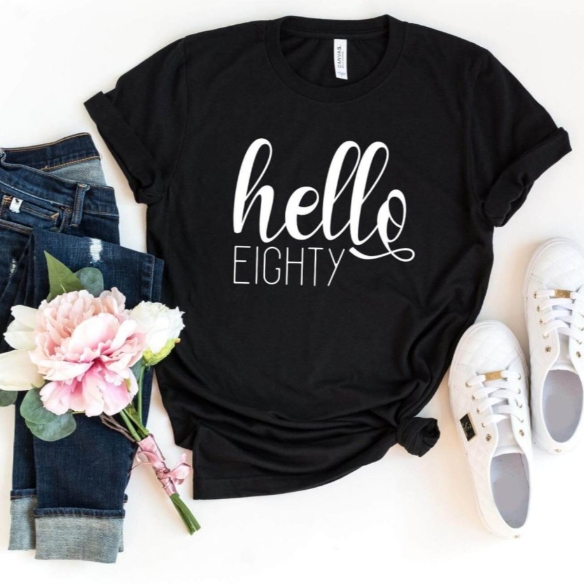 Hello Eighty Birthday Shirt - Celebrate 80 Years - Bliss Birthday Shirts - S - Black