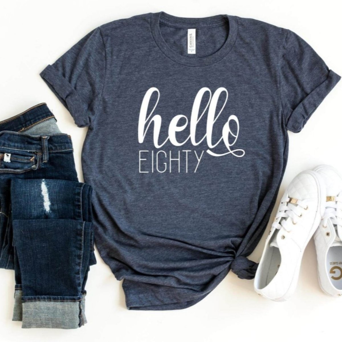 Hello Eighty Birthday Shirt - Celebrate 80 Years - Bliss Birthday Shirts - S - Heather Navy