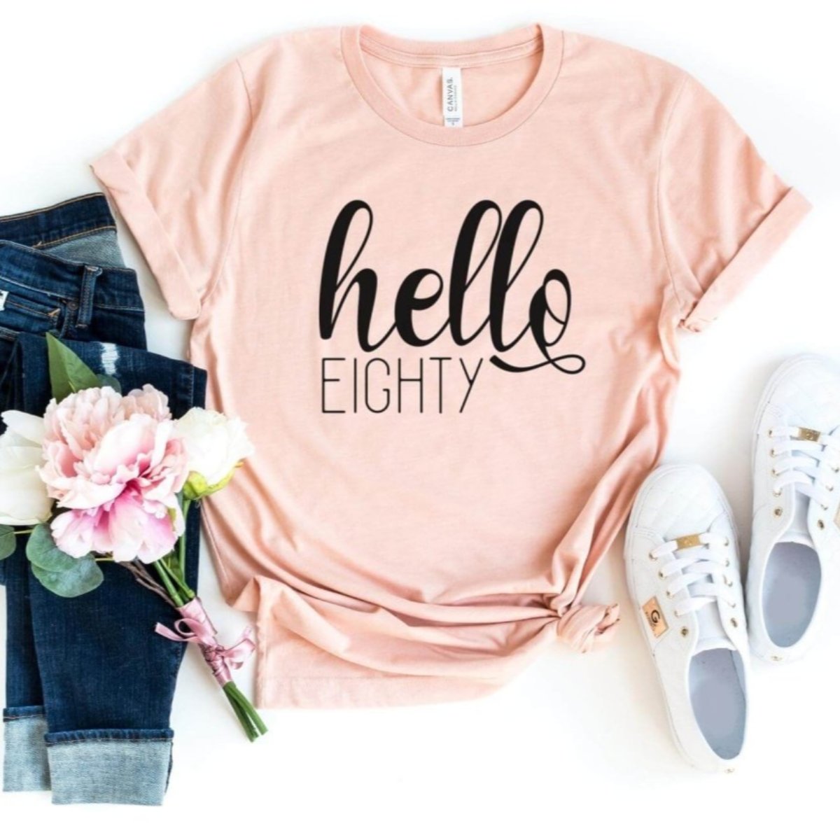 Hello Eighty Birthday Shirt - Celebrate 80 Years - Bliss Birthday Shirts - S - Heather Peach