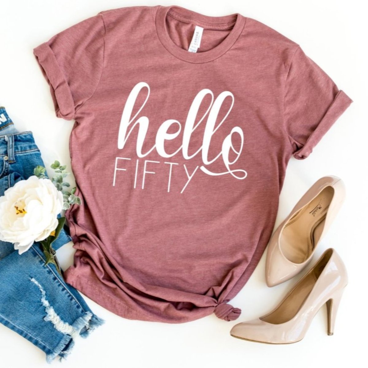 Hello Fifty Birthday Shirt - Custom 50th Birthday T - Shirt - Bliss Birthday Shirts - S - Heather Mauve