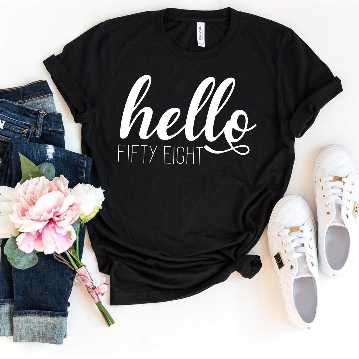 Hello Fifty Eight Birthday Shirt - Custom 58th Birthday T-Shirt - Bliss Birthday Shirts - Black - S