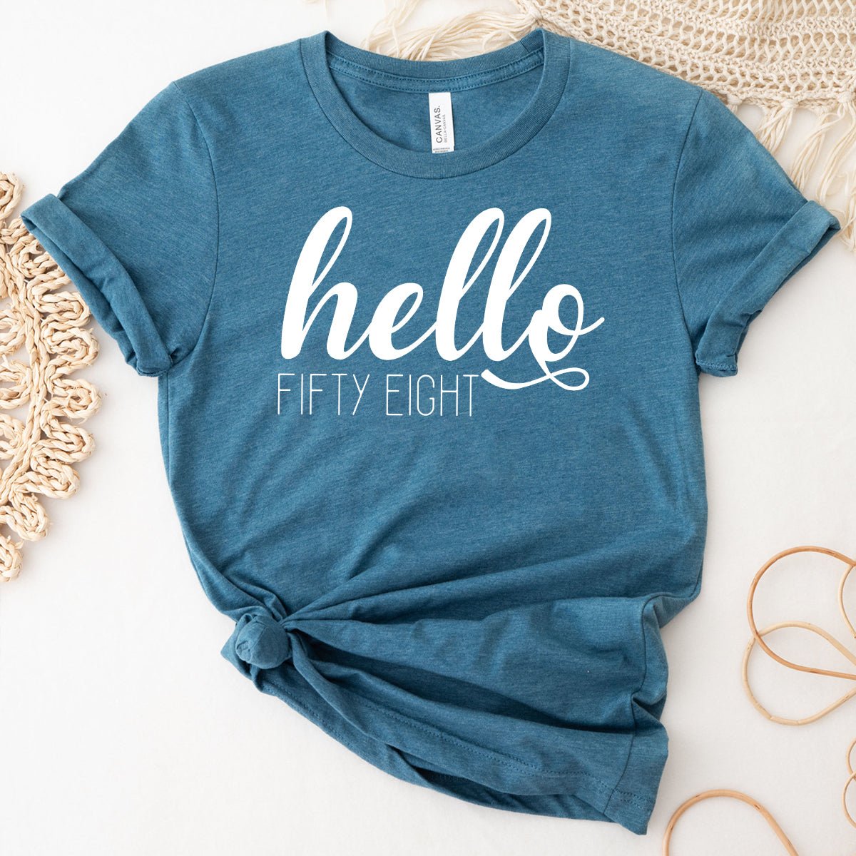 Hello Fifty Eight Birthday Shirt - Custom 58th Birthday T-Shirt - Bliss Birthday Shirts - Heather Deep Teal - S