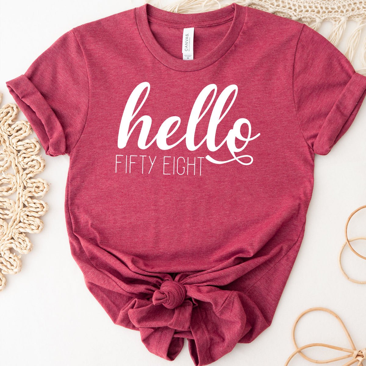 Hello Fifty Eight Birthday Shirt - Custom 58th Birthday T-Shirt - Bliss Birthday Shirts - Heather Rasp Berry - S