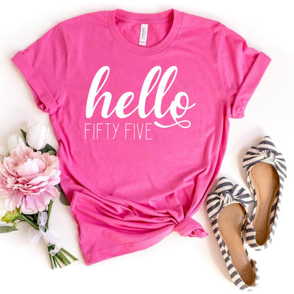 Hello Fifty Five Birthday Shirt - Custom 55th Birthday T-Shirt - Bliss Birthday Shirts - Charity Pink - S