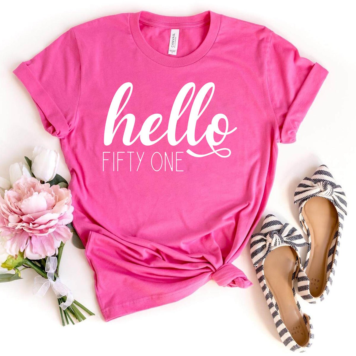 Hello Fifty One Birthday Shirt - Custom 51st Birthday T-Shirt - Bliss Birthday Shirts - Charity Pink - S