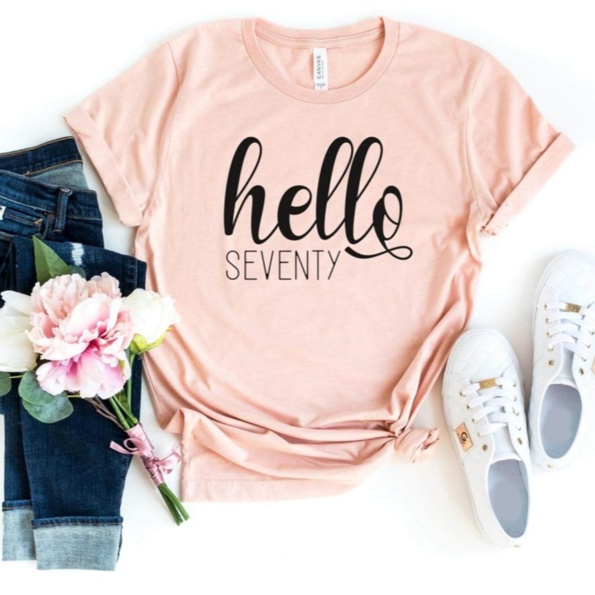 Hello Seventy Birthday Shirt - Custom 70th Birthday T - Shirt - Bliss Birthday Shirts - S - Heather Peach