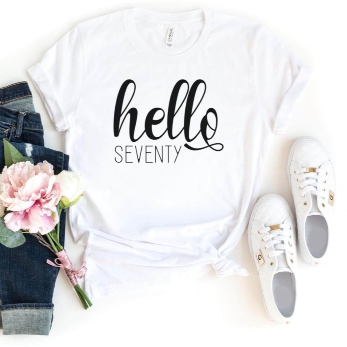 Hello Seventy Birthday Shirt - Custom 70th Birthday T - Shirt - Bliss Birthday Shirts - S - White