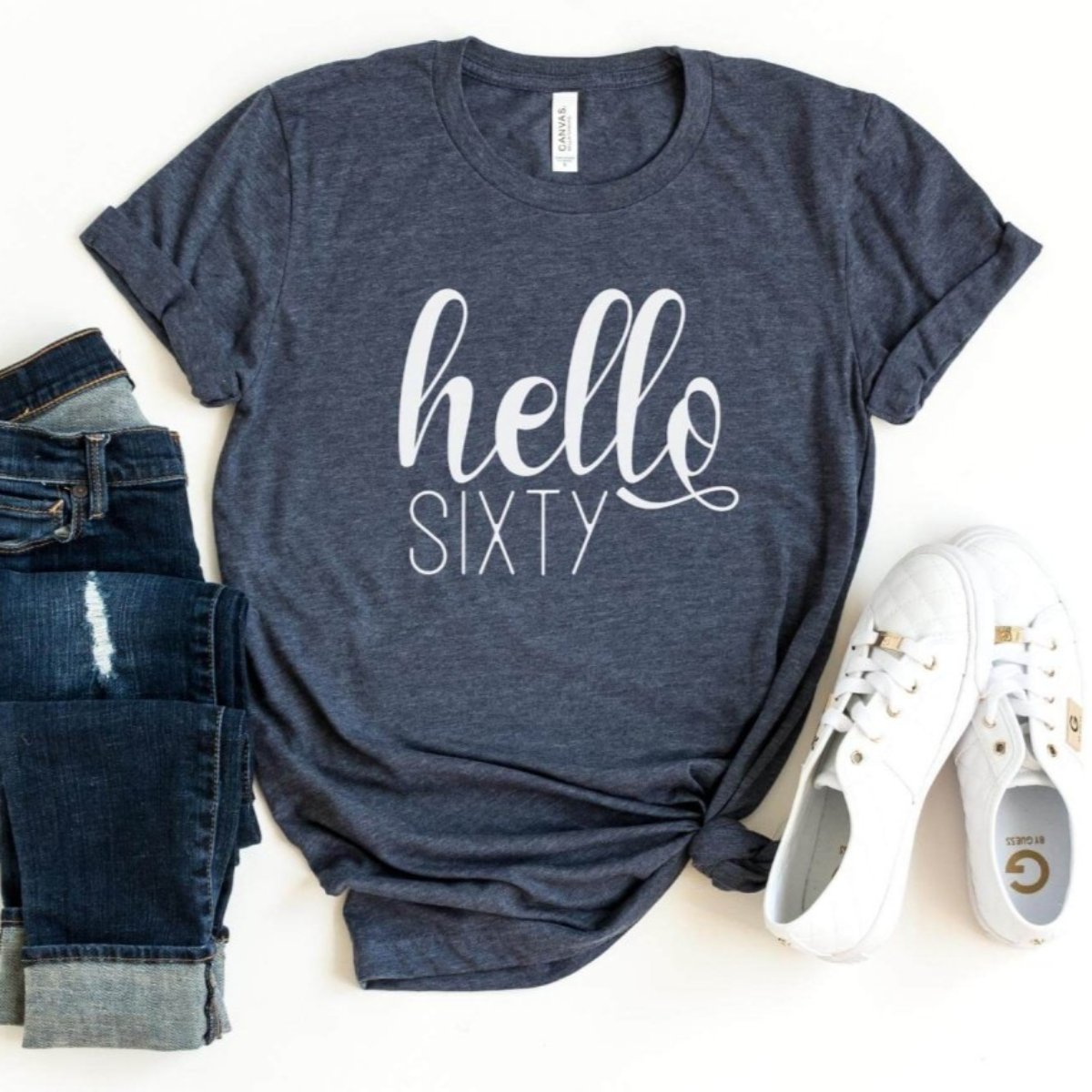 Hello Sixty Birthday Shirt - Custom 60th Birthday T - Shirt - Bliss Birthday Shirts - S - Heather Navy