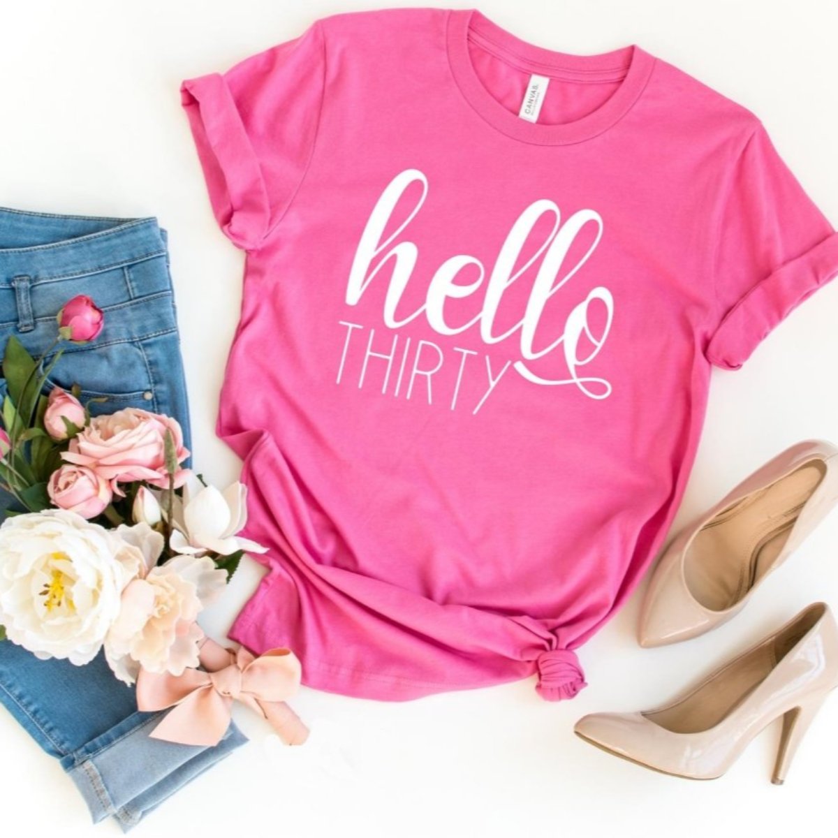 Hello Thirty Birthday Shirt - Celebrate 30 Years - Bliss Birthday Shirts - S - Charity Pink