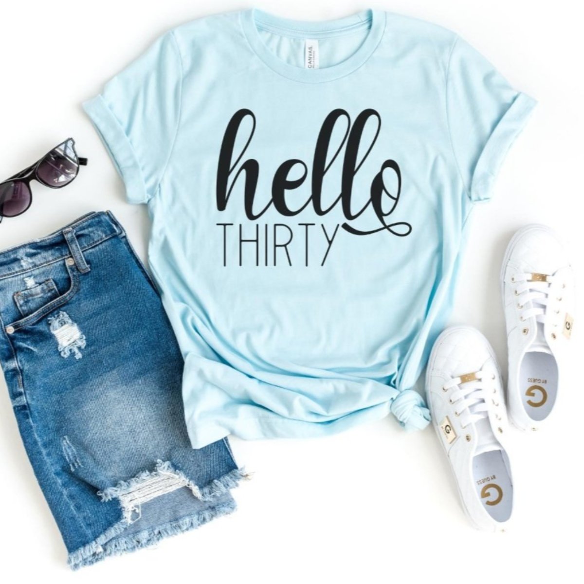 Hello Thirty Birthday Shirt - Celebrate 30 Years - Bliss Birthday Shirts - S - Heather Ice Blue