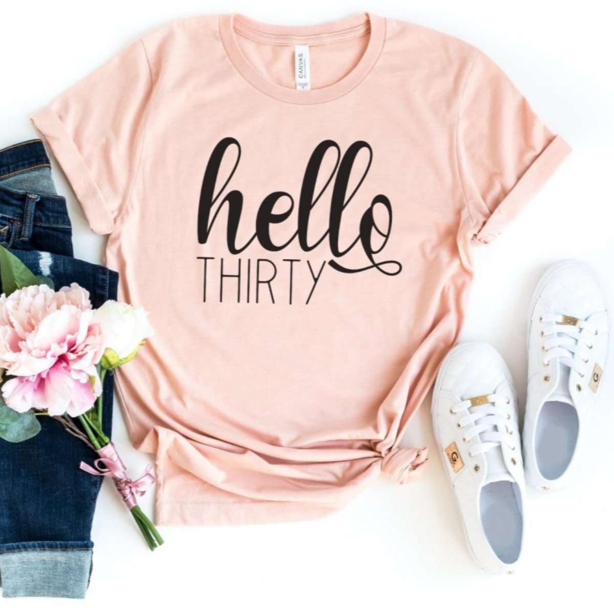 Hello Thirty Birthday Shirt - Celebrate 30 Years - Bliss Birthday Shirts - S - Heather Peach