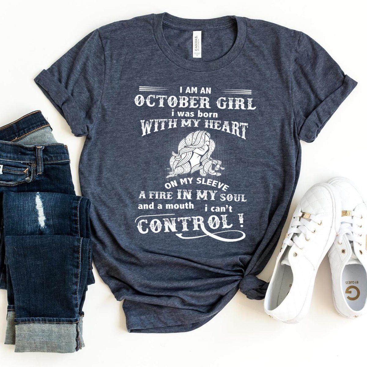 I Am an October Girl - Treat Yourself Great with All Colors Birthday Shirt - Bliss Birthday Shirts - Heather Navy - XL