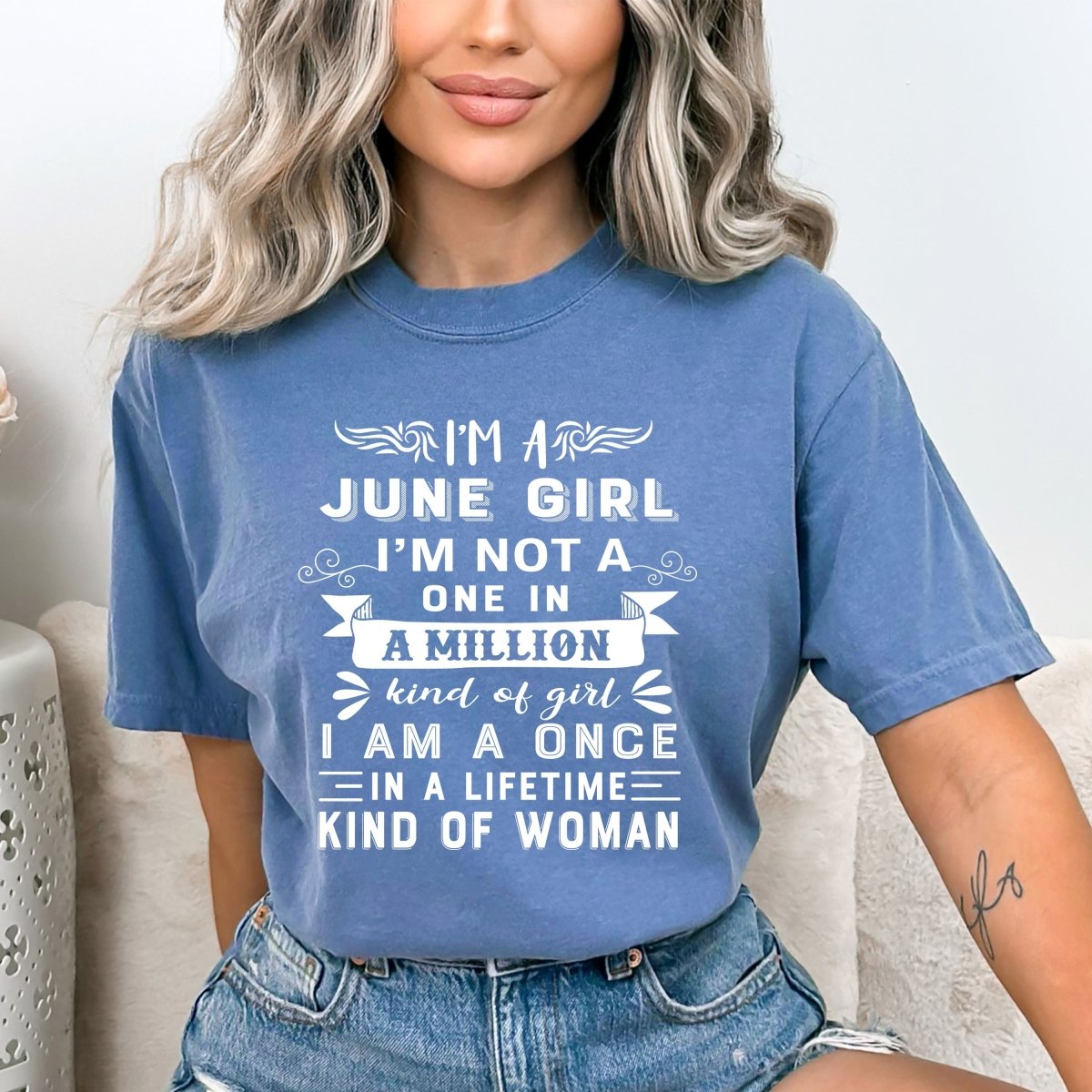 I'm a June Girl (Once in a Lifetime) - Bella Canvas Birthday Shirt - Bliss Birthday Shirts - Small - SteelBlue