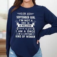 I'm a September Girl (Once in a Lifetime) - Long - Sleeve Birthday Shirt - Bliss Birthday Shirts - Small - Navy