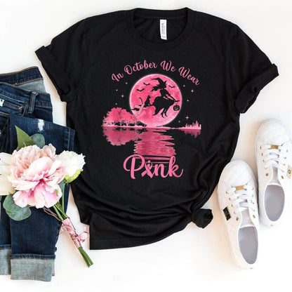 In October We Wear Pink Ghost Shirt – Fun Halloween Tee - Bliss Birthday Shirts - Black - S