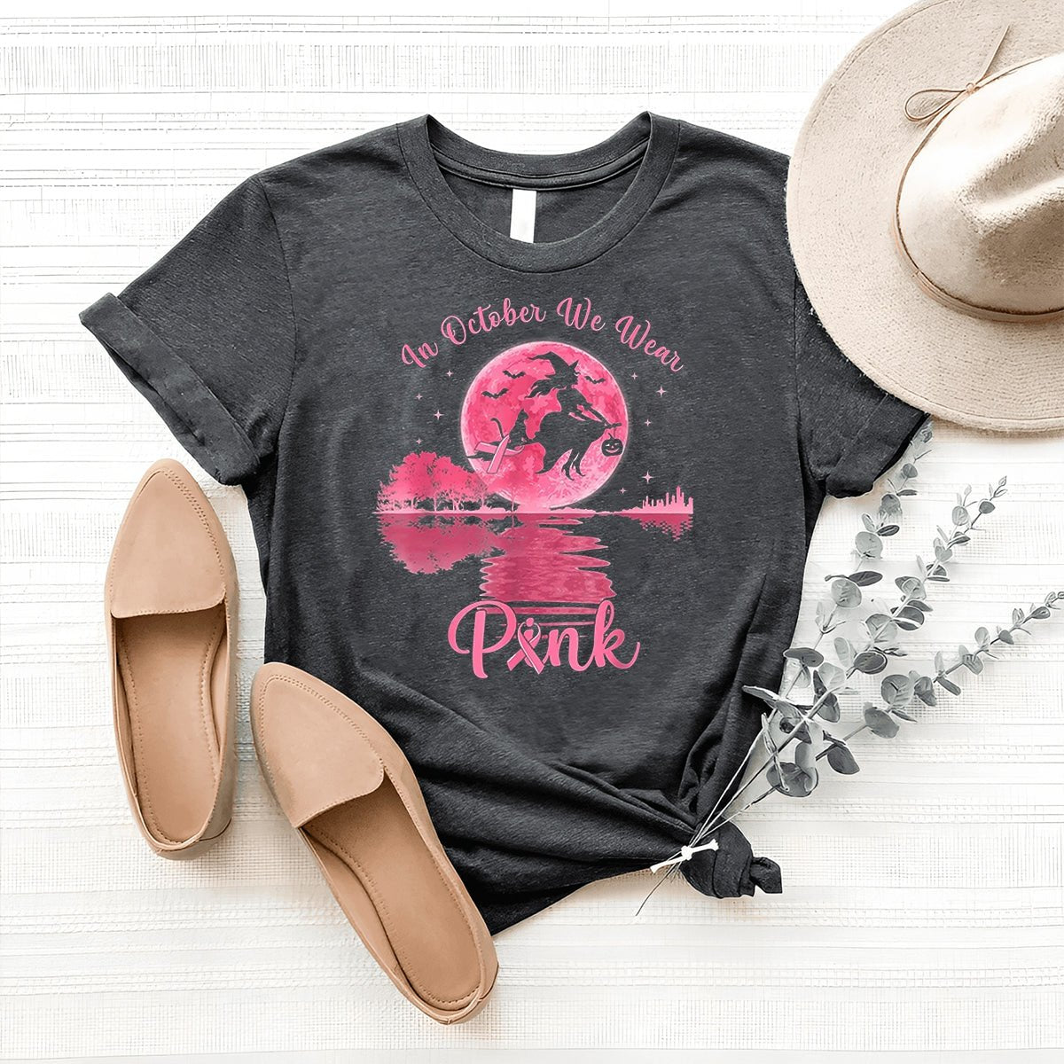 In October We Wear Pink Ghost Shirt – Fun Halloween Tee - Bliss Birthday Shirts - Heather Dark Grey - S