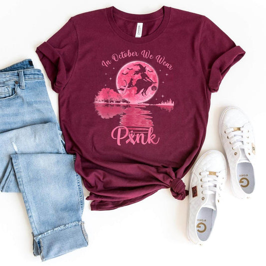 In October We Wear Pink Ghost Shirt – Fun Halloween Tee - Bliss Birthday Shirts - Maroon - S