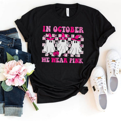 In October We Wear Pink Wizard Ghosts Shirt – Perfect Mix of Halloween and Awareness - Bliss Birthday Shirts - Black - S