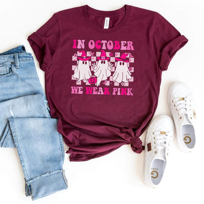 In October We Wear Pink Wizard Ghosts Shirt – Perfect Mix of Halloween and Awareness - Bliss Birthday Shirts - Maroon - S