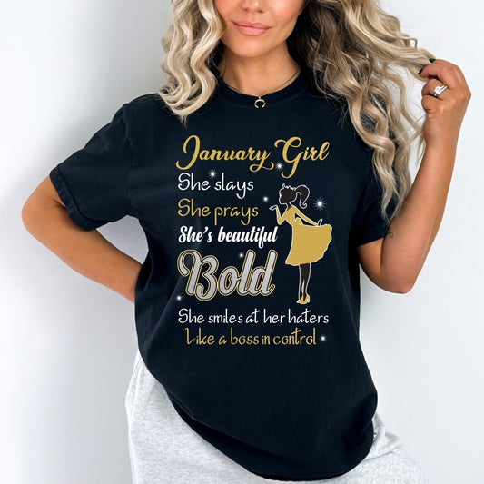 January Girl - She Slays She Prays Birthday Shirt - Bliss Birthday Shirts - Small - Black