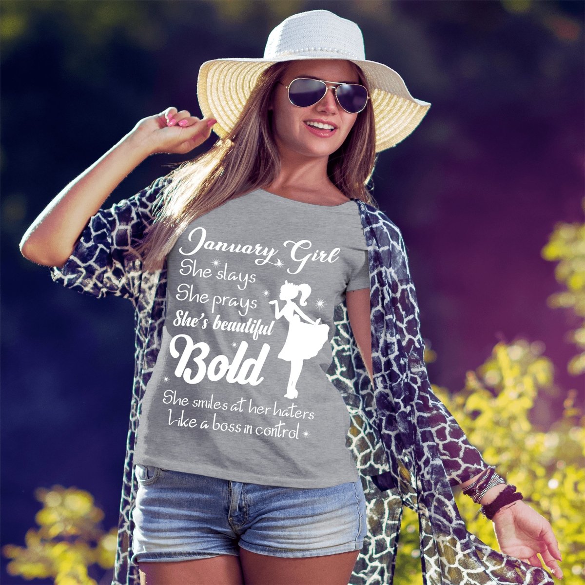 January Girl - She Slays She Prays Bold White Birthday Shirt - Bliss Birthday Shirts - Small - Grey