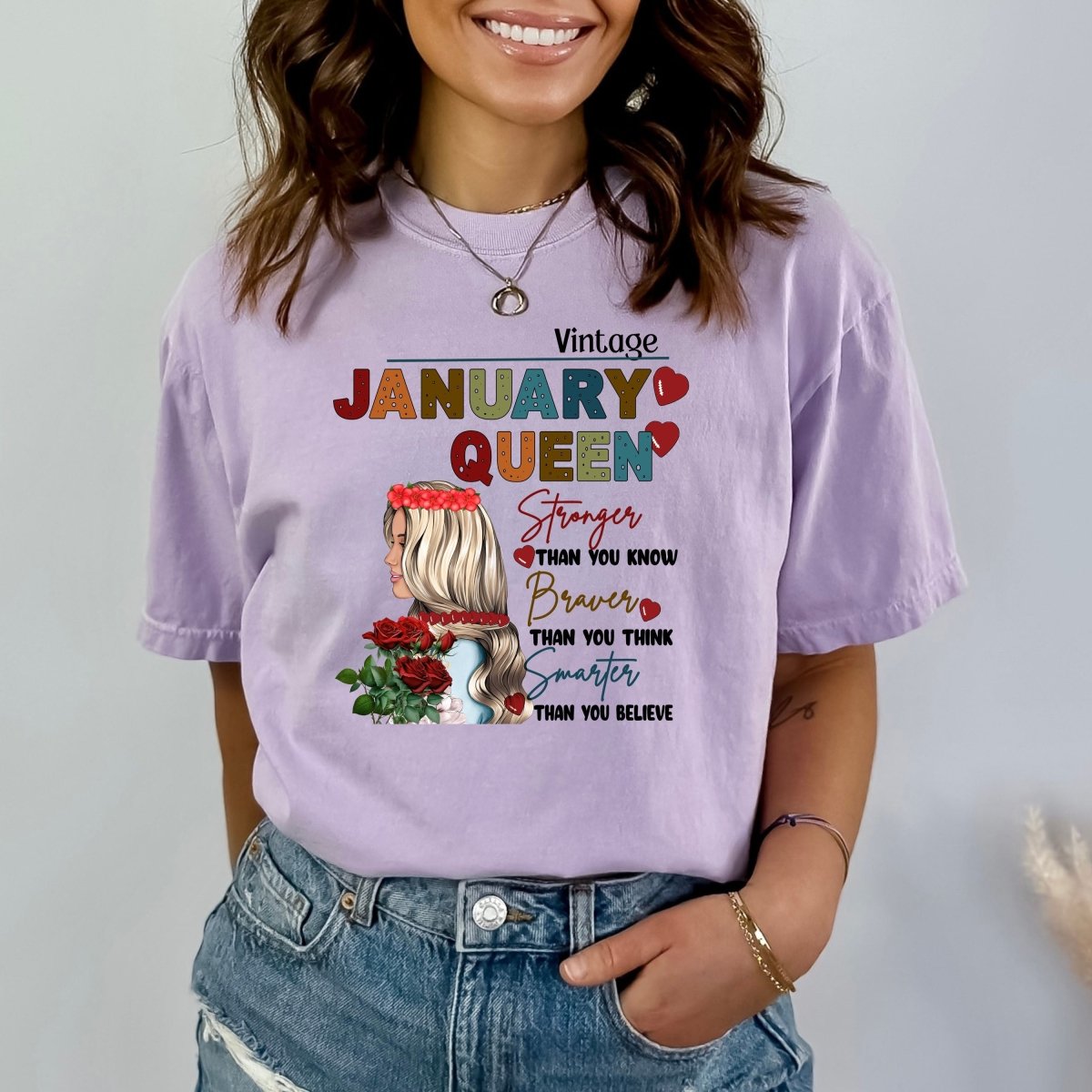 January Queen - Stronger Than You Know Bella Canvas Birthday Shirt - Bliss Birthday Shirts - Small - Lilac