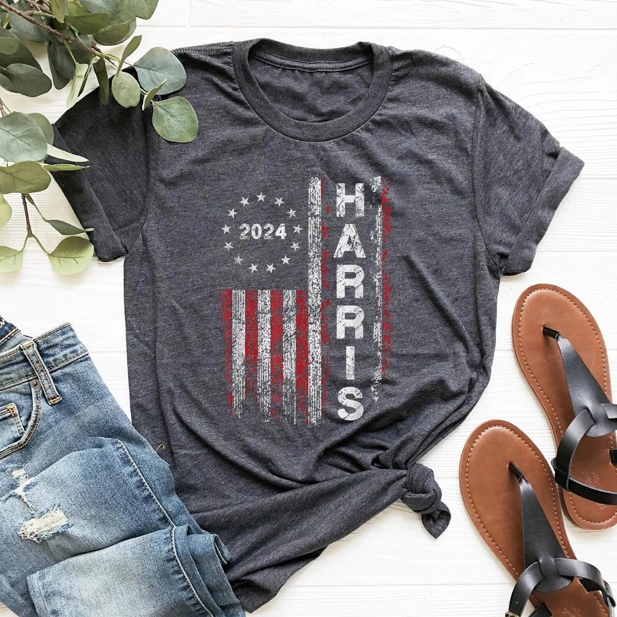 Kamala Harris 2024 Shirt - American Flag Design - Premium T - Shirt - Bliss Birthday Shirts - S - DarkGrey