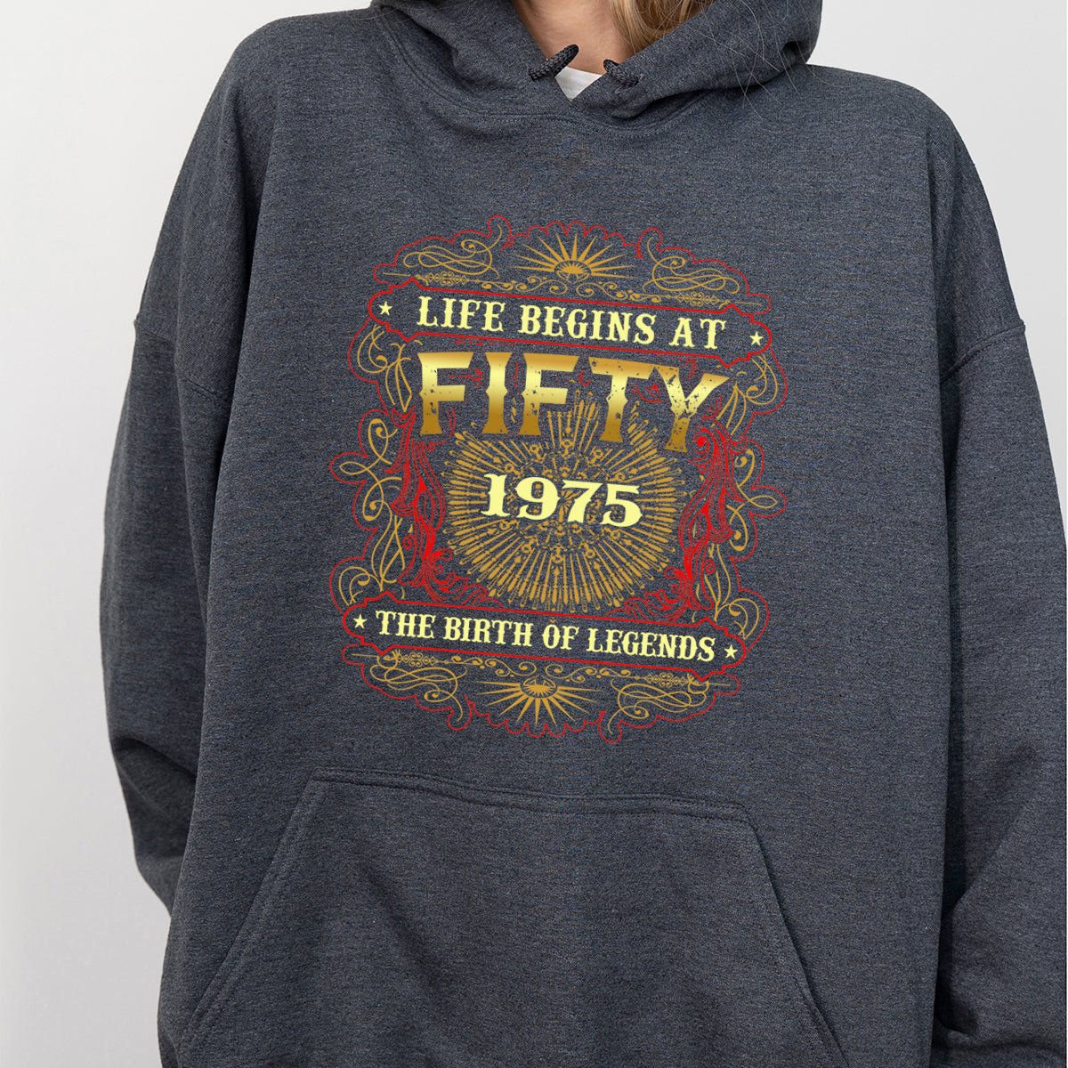 Legendary 50th Birthday Hoodie – Life Begins at 50, 1975 Edition - Bliss Birthday Shirts - Dark Heather - S