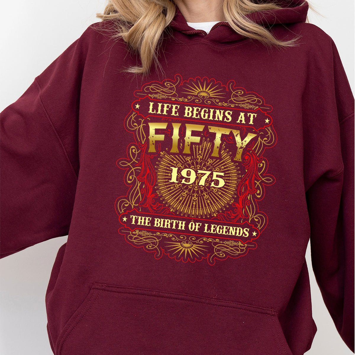 Legendary 50th Birthday Hoodie – Life Begins at 50, 1975 Edition - Bliss Birthday Shirts - Maroon - S