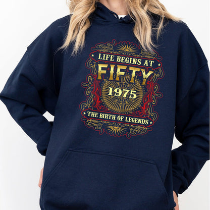 Legendary 50th Birthday Hoodie – Life Begins at 50, 1975 Edition - Bliss Birthday Shirts - Navy - S