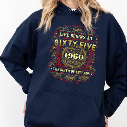 Legendary 65th Birthday Hoodie – Life Begins at 65, 1960 Edition - Bliss Birthday Shirts - Navy - S