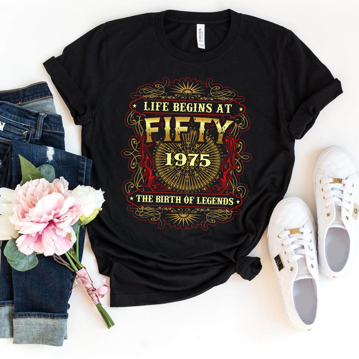 Legendary Birthday Shirt - 50th Birthday 1975 - Life Begins at 50 - 2025 New Design - Bliss Birthday Shirts - Black - S