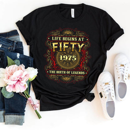 Legendary Birthday Shirt - 50th Birthday 1975 - Life Begins at 50 - 2025 New Design - Bliss Birthday Shirts - Black - S