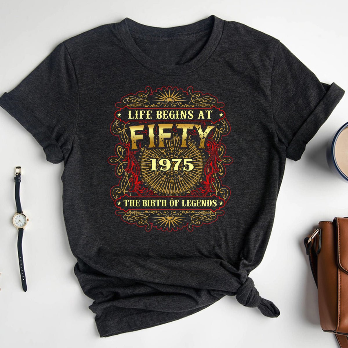 Legendary Birthday Shirt - 50th Birthday 1975 - Life Begins at 50 - 2025 New Design - Bliss Birthday Shirts - Heather Dark Grey - S