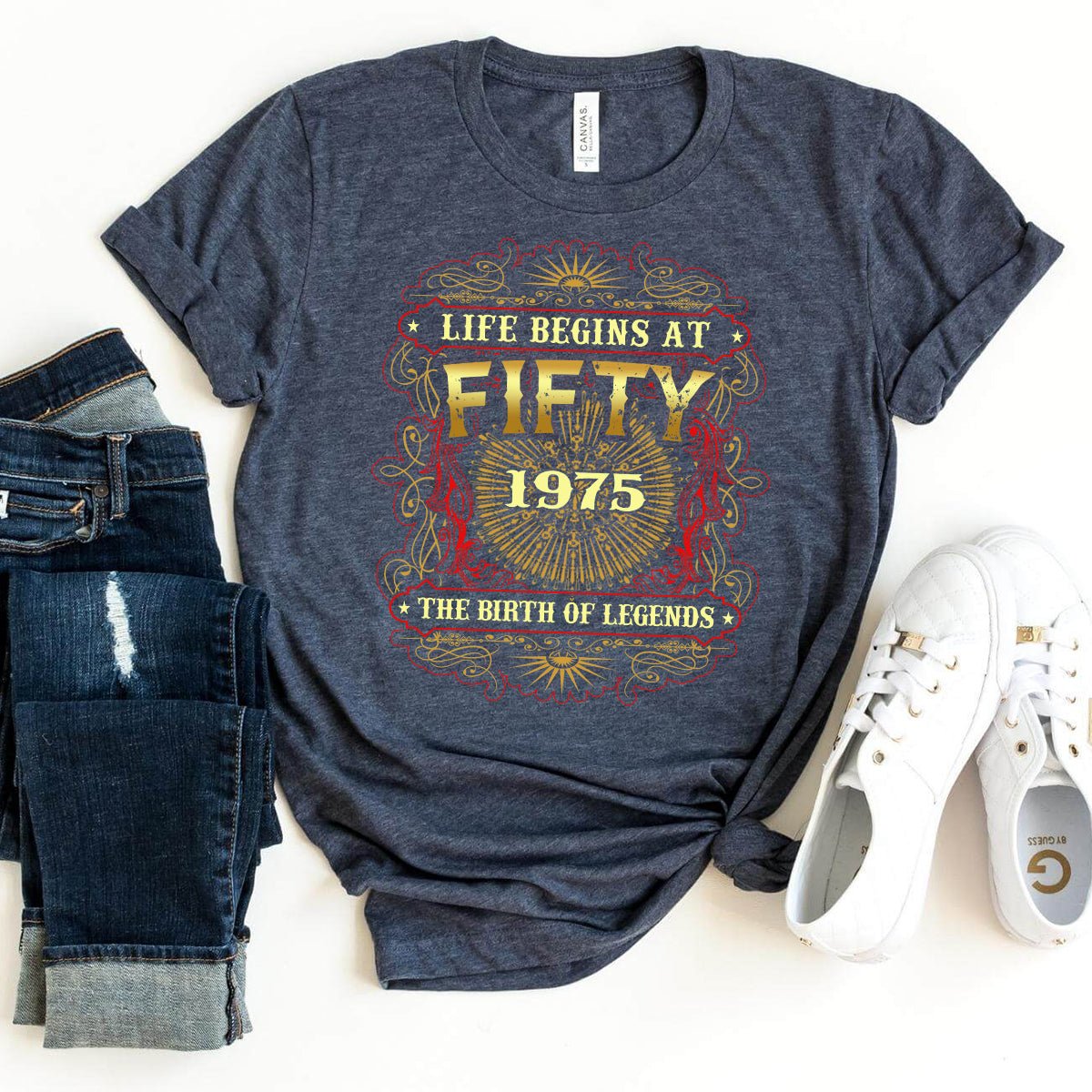 Legendary Birthday Shirt - 50th Birthday 1975 - Life Begins at 50 - 2025 New Design - Bliss Birthday Shirts - Heather Navy - S