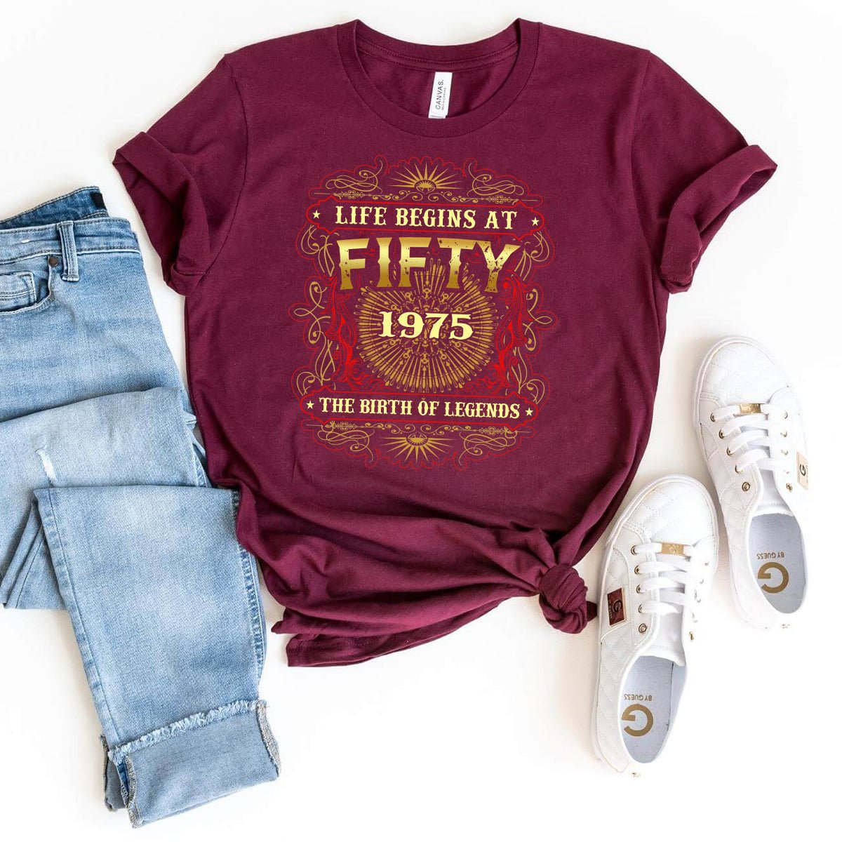 Legendary Birthday Shirt - 50th Birthday 1975 - Life Begins at 50 - 2025 New Design - Bliss Birthday Shirts - Maroon - S