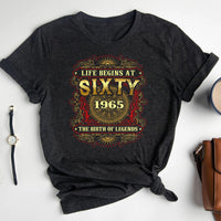 Legendary Birthday Shirt - 60th Birthday 1965 - Life Begins at 60 - 2025 New Design - Bliss Birthday Shirts - Heather Dark Grey - S