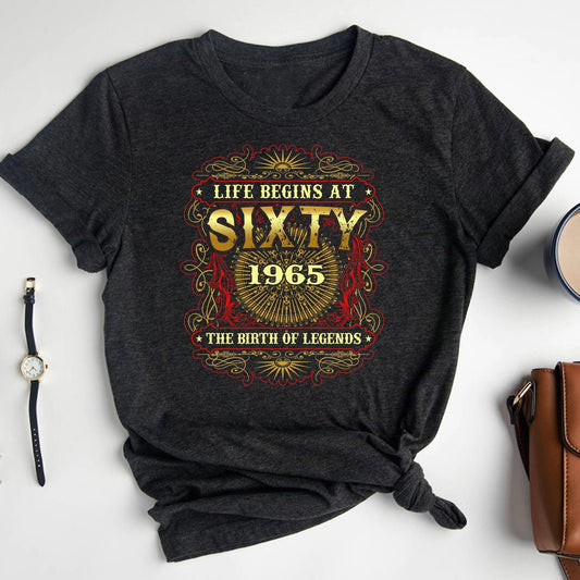 Legendary Birthday Shirt - 60th Birthday 1965 - Life Begins at 60 - 2025 New Design - Bliss Birthday Shirts - Heather Dark Grey - S