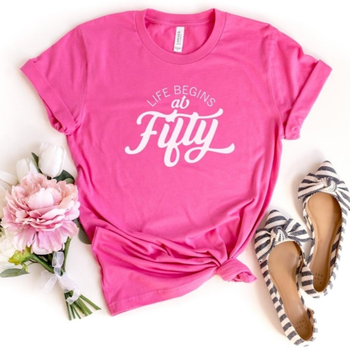 Life Begins At Fifty Birthday Shirt - Custom 50th Birthday T - Shirt - Bliss Birthday Shirts - S - Charity Pink