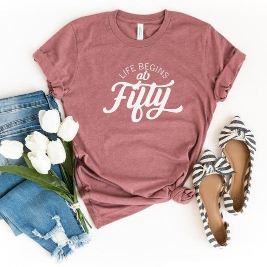 Life Begins At Fifty Birthday Shirt - Custom 50th Birthday T - Shirt - Bliss Birthday Shirts - S - Heather Mauve