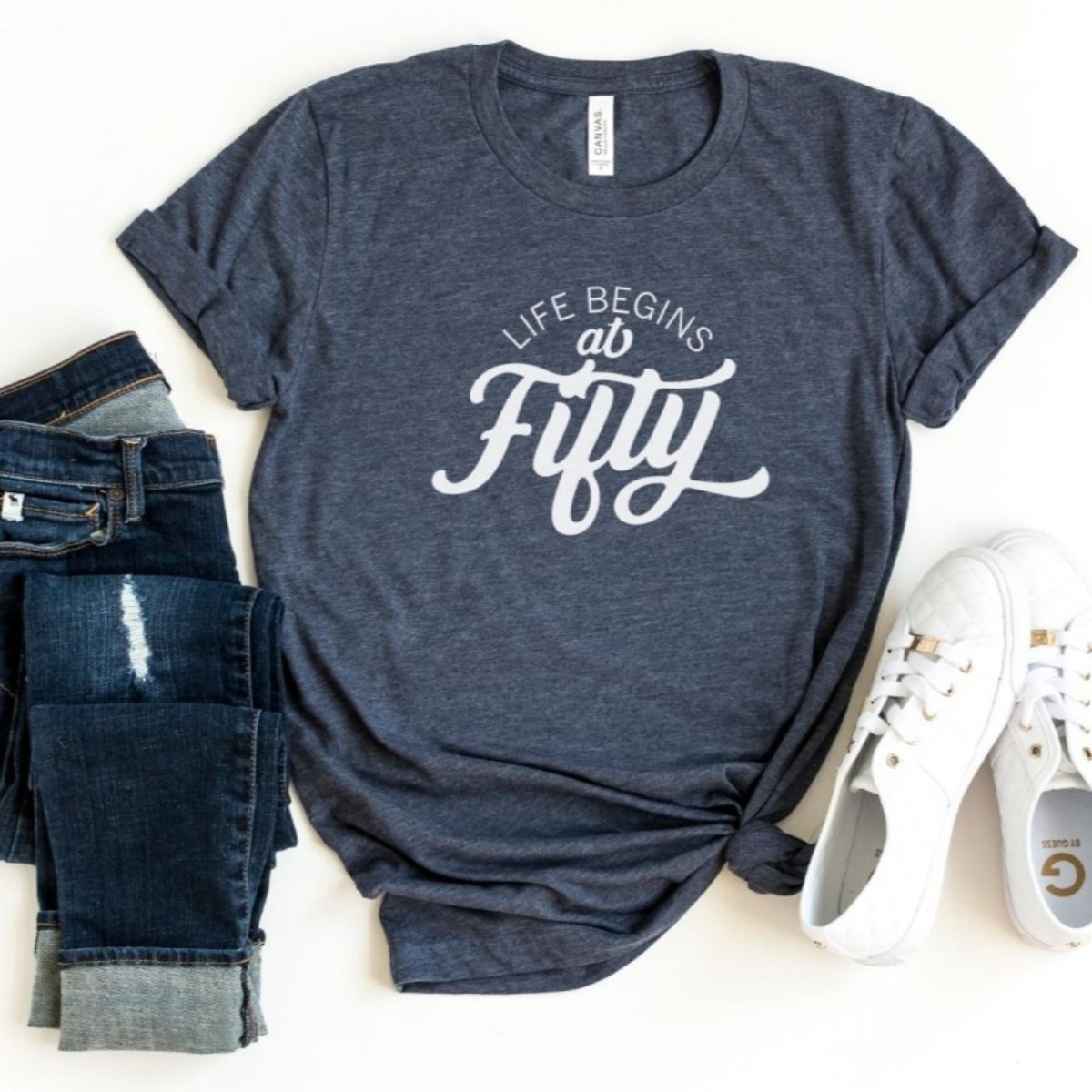 Life Begins At Fifty Birthday Shirt - Custom 50th Birthday T - Shirt - Bliss Birthday Shirts - S - Heather Navy