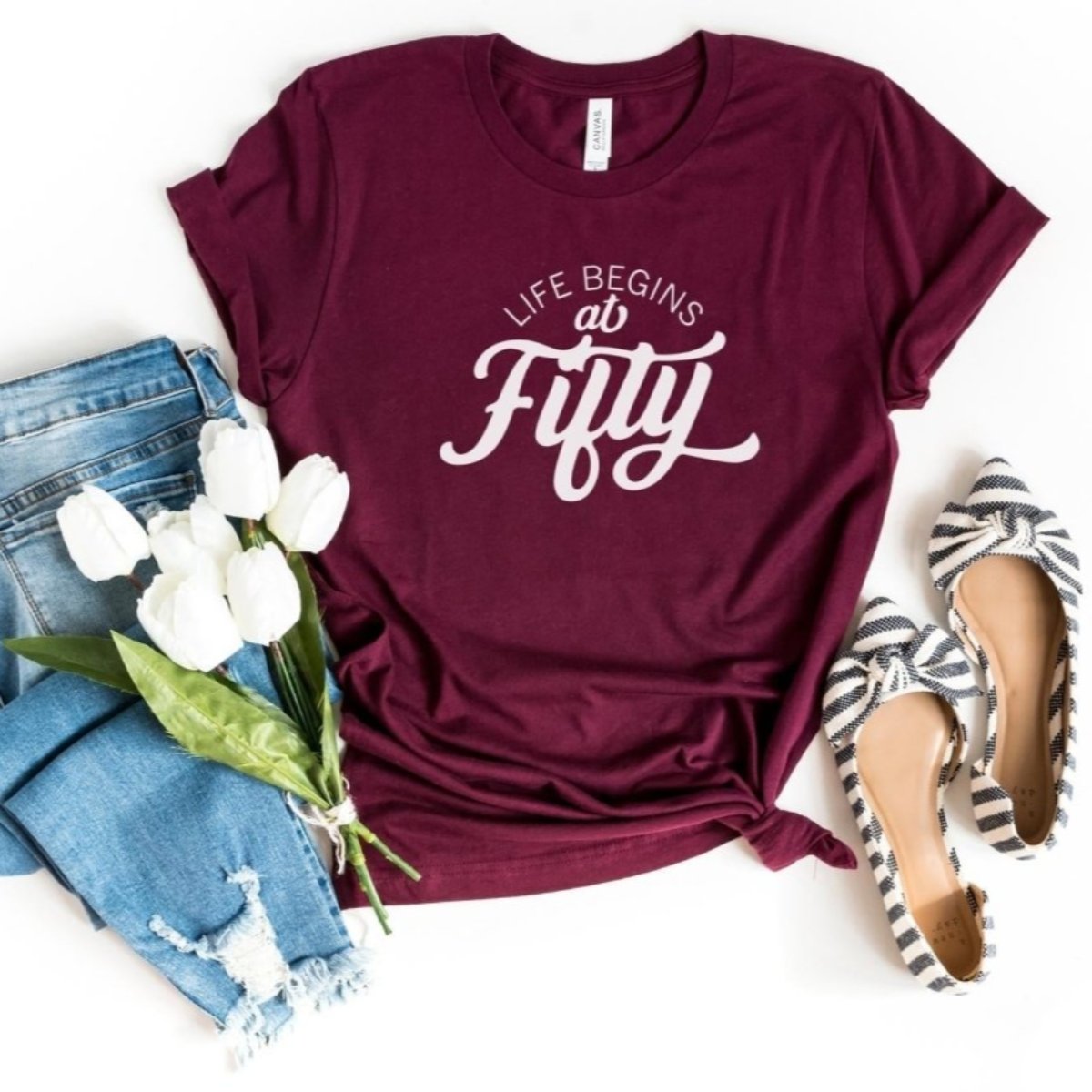 Life Begins At Fifty Birthday Shirt - Custom 50th Birthday T - Shirt - Bliss Birthday Shirts - S - Maroon