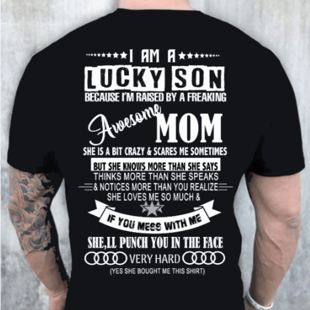 Lucky Son Raised by an Awesome Mom - Birthday Shirt - Bliss Birthday Shirts - Small - Black with back