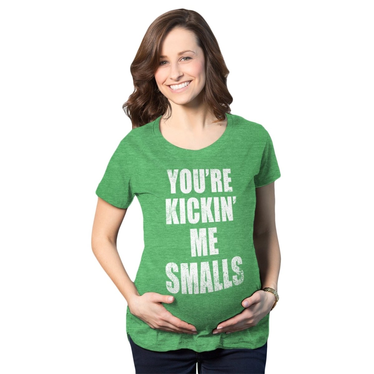 Maternity T Shirt - Kickin Me Smalls Womens Tee - Bliss Birthday Shirts - S - Heather Green