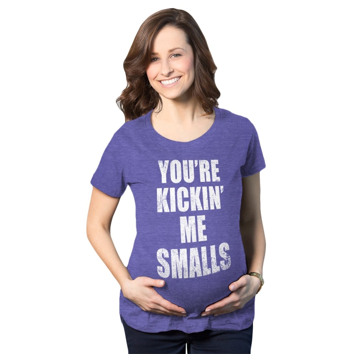 Maternity T Shirt - Kickin Me Smalls Womens Tee - Bliss Birthday Shirts - S - Heather Purple