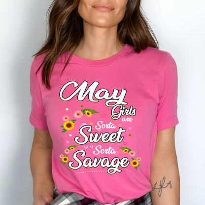 May Girls - Sorta Sweet Sorta Savage Birthday Shirt - Bliss Birthday Shirts - Small - Pink