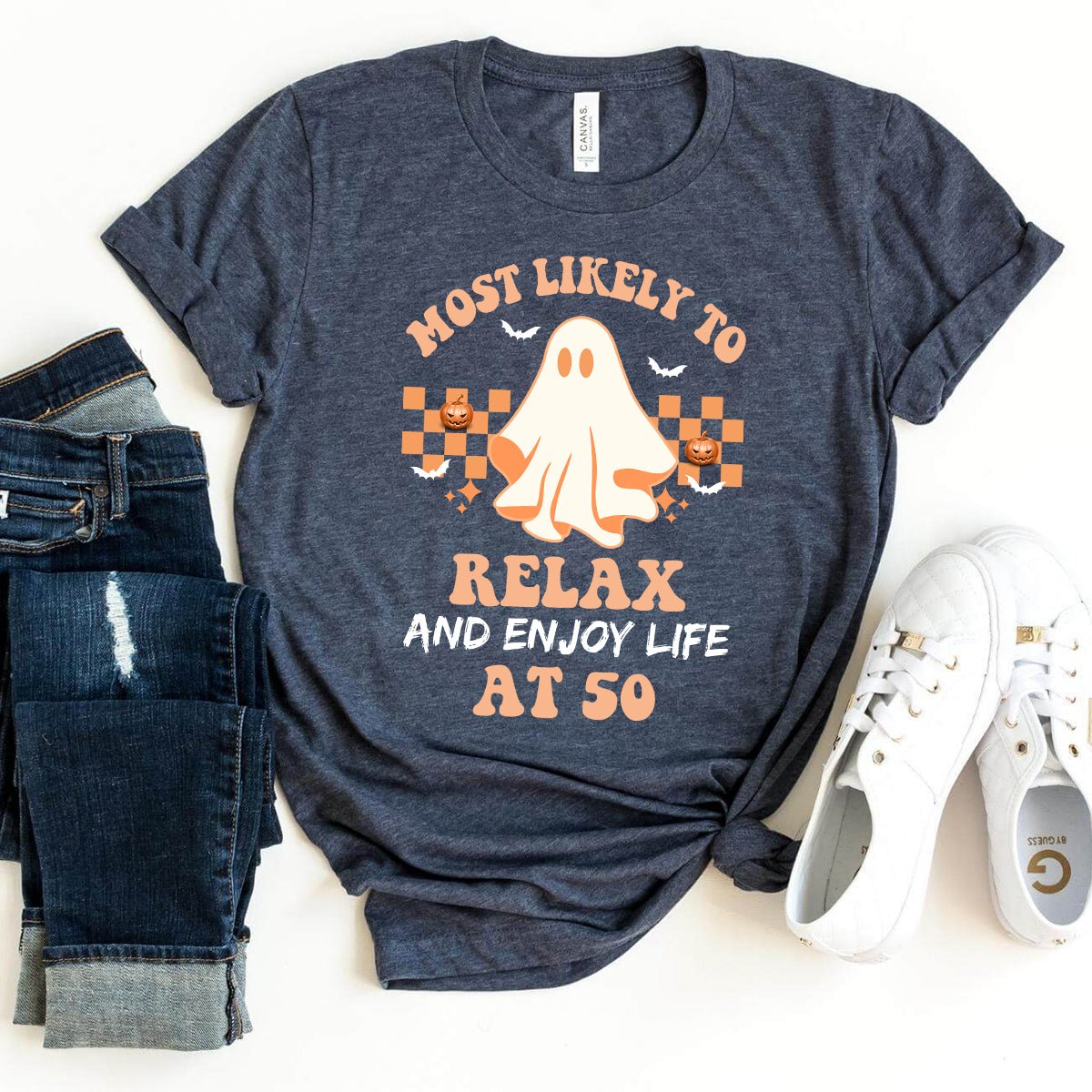 Most Likely to Relax and Enjoy Life at 50 – Fun 50th Halloween Shirt for Milestone Celebrations - Bliss Birthday Shirts - Heather Navy - S