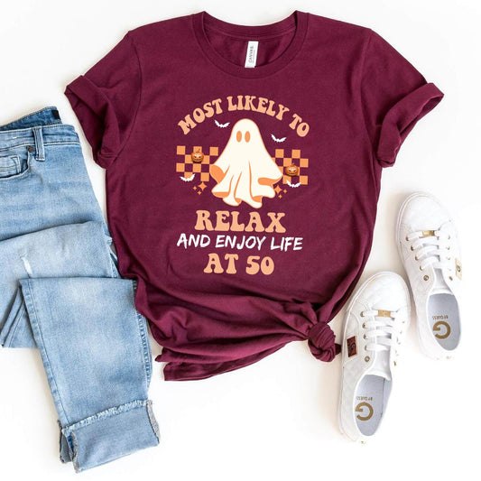 Most Likely to Relax and Enjoy Life at 50 – Fun 50th Halloween Shirt for Milestone Celebrations - Bliss Birthday Shirts - Maroon - S